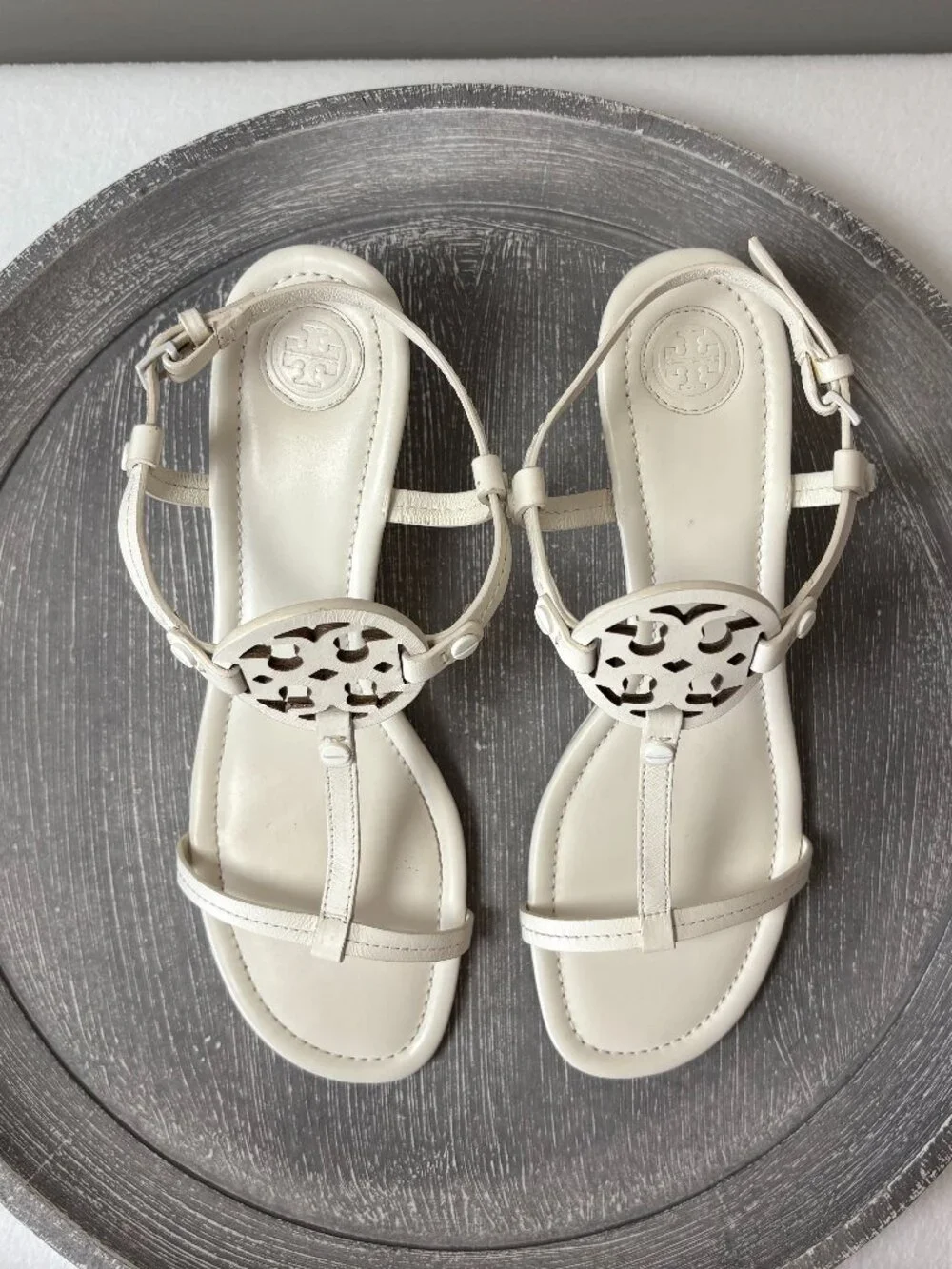 NWOT - Tory Burch Miller T-Strap Reva Wedge Sandals - Bleach - Size 9